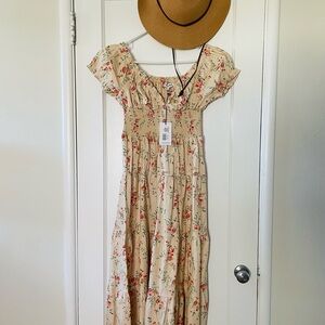 Floral Beige Tiered Midi Dress